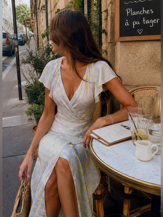 Zara Dresses & Skirts - Zara Gray Yellow Polka Dot Midi Dress XS Chiffon Ruffle Slit Vacation Summer
